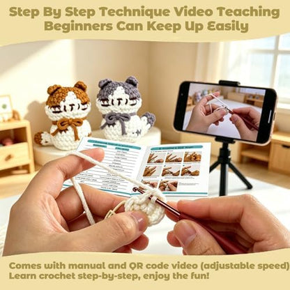 JueRum Cat Crochet Kit for Beginners – Step-by-Step Video Tutorials for Every Round, 40% Extra Easy Yarn, Complete Amigurumi Starter Kit for Adults & Teens, Perfect Beginner Crochet Gift - Image 3