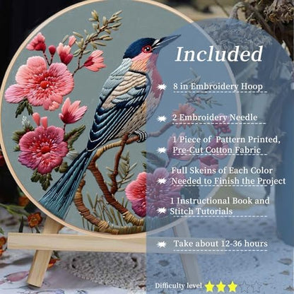 FONNUY Embroidery Kit for Beginners, Hummingbird Flowers Pre-Stamped Pattern Kits for Adults with Hoop, Easy to Follow Color Thread Needlework, 8''Hoop (Blue) - Image 2