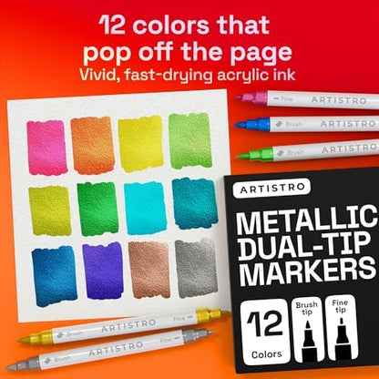 ARTISTRO 12 Metallic Dual-Tip Acrylic Paint Marker Pens for Drawing - Image 2