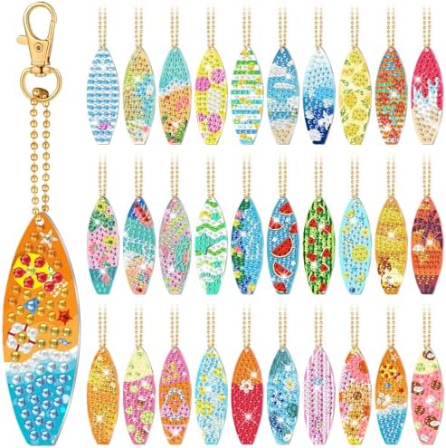 Huquary 30 Pcs Summer Diamond Art Keychains Surfboard Diamond Painting Keychain Kits for Aldults Double Sided 5d Rhinestones Beach Hawaiian Luau Party Hanging Ornaments for Beginners DIY Crafts by Huquary
