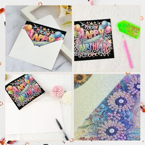 6 Pcs 5D DIY Diamond Painting Greeting Card Kit Birthday Cake, Diamond Art Christmas Birthday Holiday Greeting Card, Art Crafts Kit Creative with Envelope - Image 5