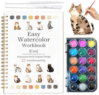 Easy Watercolor Workbook for Beginners - 12 Beautiful Step-by-Step Paintings Water Coloring Book, Includes 18 Colors Paints, Relaxing Art Projects and Creative Gift for Adults & Teen (Cats) by Yangmics+Direct