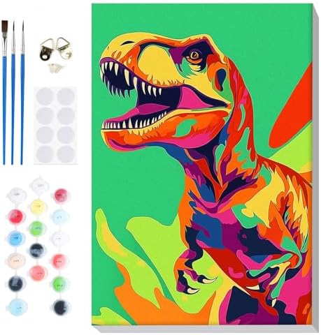 Bowetile Framed Cartoon Paint by Numbers for Kids Beginners, Dinosaur Paint by Numbers for Kids Ages 8-12, Kids Paint by Number Kits on Canvas, DIY Acrylic Number Painting for Home Decor, 8x12in by BOWETILE