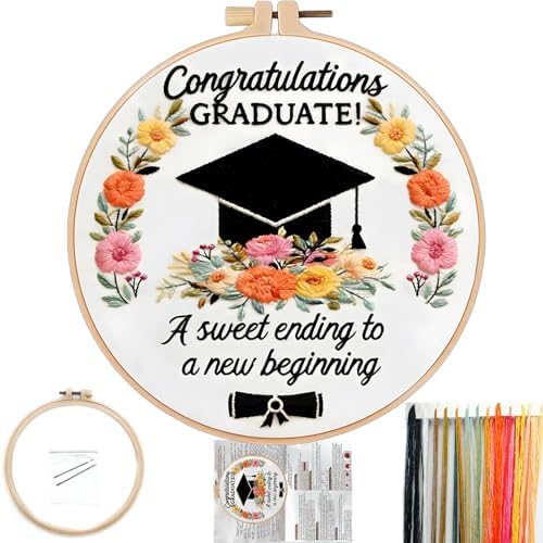 FONNUY Graduation Embroidery Kit, Floral Grad Cap Design Cross Stitch Kits for Beginners, Handmade Crafts with Printed Patterns for Beginner Adults, Color Thread Needlework, 8'' Hoop (Flower) by FONNUY