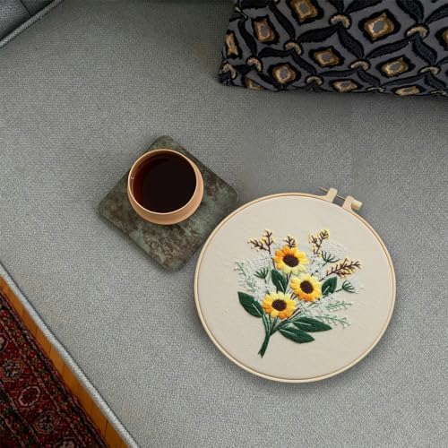 FONNUY Embroidery Kit for Beginners，Plants Flowers Pre-Stamped Pattern Kits for Adults with Hoop, Easy to Follow Needlework (Sunflower) - Image 3
