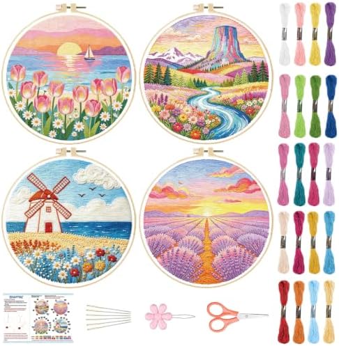 BEUNITONE 4 Set Embroidery Kits for Beginners, Pink Scenery Design with Pre-Stamped Pattern Craft Kits Include Instruction and Hoops, 7.9"x7.9" Needlepoint Kits for Festival Gifts and Home Decor by BEUNITONE