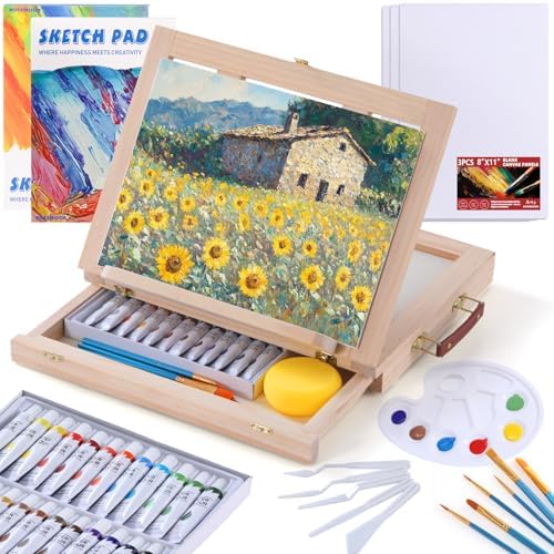 54 Pieces Complete Acrylic Paint Set with Portable Wooden Tabletop Easel by welcome