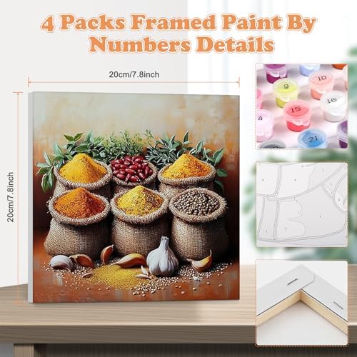 GHHKUD 4 Pack Ingredients Paint by Numbers Kits for Adults with Frame, DIY Peinture a Numero Adultes Enfant Food Life, Framed Painting by Numbers on Canvas Gifts for Home Decor 20x20cm - Image 2