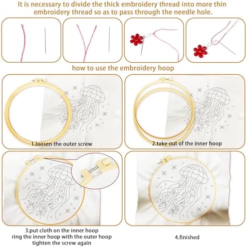 BEUNITONE 4 Pack Beginner Embroidery Kit for Adults, Marine Animals Flowers Pre-Stamped Pattern Needlepoint Kits with Hoops & Instruction, Handmade Embroidery Kits for Fabric and Home Decor 7.9x7.9 - Image 3