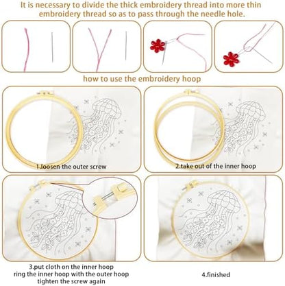 BEUNITONE 4 Pack Beginner Embroidery Kit for Adults, Marine Animals Flowers Pre-Stamped Pattern Needlepoint Kits with Hoops & Instruction, Handmade Embroidery Kits for Fabric and Home Decor 7.9x7.9 - Image 3