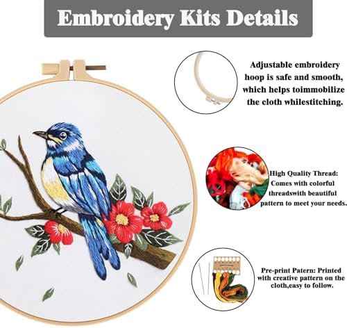 GLTAYLMY 3 Sets Embroidery Kit for Beginners Needlepoint Cross Stitch Kits for Adults,Stitch Learning DIY Kit with Easy Instruction,Stamped Bird Embroidery Patterns,Hoop,Threads,Sewing Hobby - Image 3