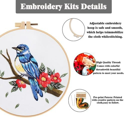 GLTAYLMY 3 Sets Embroidery Kit for Beginners Needlepoint Cross Stitch Kits for Adults,Stitch Learning DIY Kit with Easy Instruction,Stamped Bird Embroidery Patterns,Hoop,Threads,Sewing Hobby - Image 3