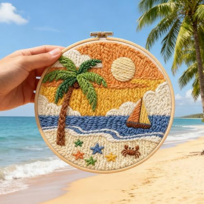 INFUNLY Sea Beach Punch Needle Kits for Adults Beginners Coconut Trees Needle Embroidery Starter Kit Boats DIY Punch Needles Kit with Instruction Needles Fabric for Art Crafts Festival Gift Home Decor - Image 7