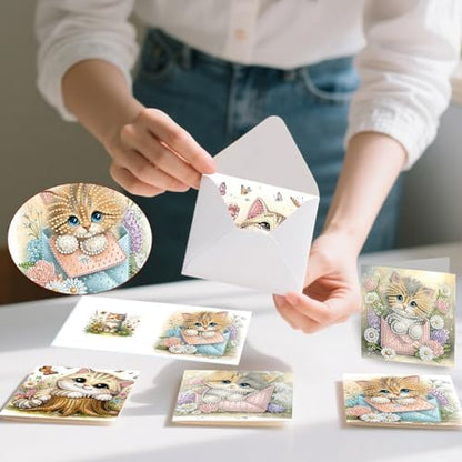 6pcs Cat and Flowers Diamond Art Painting Greeting Cards Kit with Envelopes, 5D DIY Special Shaped Card Making Kits for Adults, Holiday Birthday Postcards, Creative Craft Gifts - Image 5
