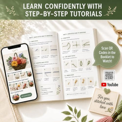 Cikeela Embroidery Stitch Book Beginner with Fabric Pages, 31 Essential Stitches in Structured Learning Order for Adults, DIY Sewing Kit with Floral Motifs, Practice Patterns EmbroideryStitch Book Kit - Image 3