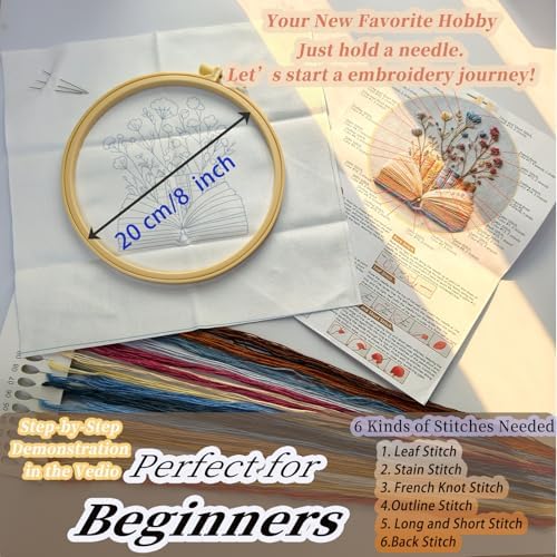 FONNUY Embroidery Kit for Beginners, Flower Book Pre-Stamped Pattern Kits for Adults with Hoop, Cross Stitch Easy to Follow Color Thread Needlework, 8'' Hoop (Blue) - Image 5