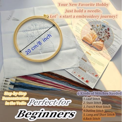 FONNUY Embroidery Kit for Beginners, Flower Book Pre-Stamped Pattern Kits for Adults with Hoop, Cross Stitch Easy to Follow Color Thread Needlework, 8'' Hoop (Blue) - Image 5