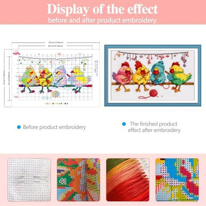 Zhenqing Charming Knitting Chickens Cross Stitch Kit for Beginners - 11CT Printed 12x20inch Aida Cloth, Threads & Needle Included (No Hoop/Scissors)(67427) - Image 3