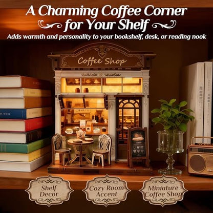 Book Nook Kit, DIY Miniature House Kit for Adults & Teens, Cozy Coffee Shop Scene Bookshelf Insert Decor with LED, 3D Wooden Puzzle Gift for Book Lovers (Coffee Shop) - Image 2