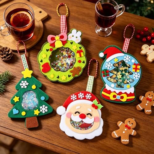 Oagminu 4Pcs Christmas DIY Felt Shaker Ornaments Kit, Xmas Tree Hanging Craft Decor Santa Snowman Wreath for Holiday Party Home Decoration（Christmas） - Image 2