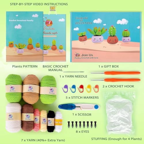Crochetta Crochet Kit for Beginners - Crochet Starter Kit with Step-by-Step Video Tutorials, Learn to Crochet Kits for Adults and Kids, DIY Knitting Supplies, 4 Pack Plants Family(40%+ Yarn) - Image 4
