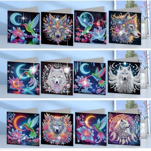 jinglinhh 12pcs Diamond Art Painting Hummingbird Dreamcatcher Wolf Greeting Cards with Envelopes, DIY Card Making Kits for Adults, Diamond Art Christmas Cards for Birthday Holiday Gifts - Image 4