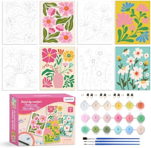 goldentime Easy Paint by Numbers Kit for Kids & Adults Beginner | Easy DIY Flowers Acrylic Oil Painting on Canvas with Frame | 4 Pack 8x10 Inch Framed Paint by Number Canvas Kits for Home Wall Décor by Goldentime