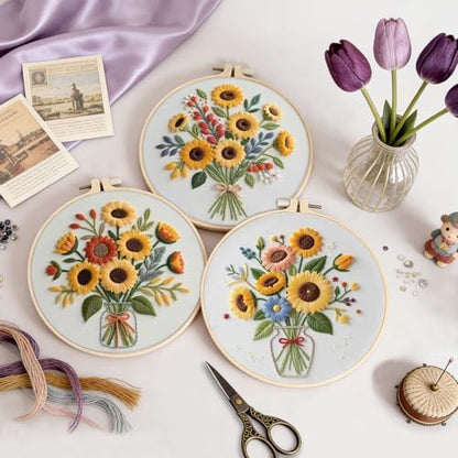 Uniartfy 3 Sets Sunflower Embroidery Kits for Beginners, Needlepoint Kits for Adults, Cross Stitch Kit with Cloth, Hoop, Threads and Instruction, Easy to Learn Embroidery Starter Kit for Craft Lover - Image 5