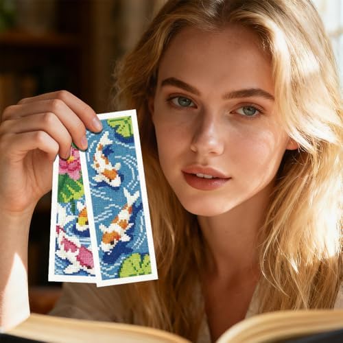 INFUNLY 6 Set Koi Fish DIY Cross Stitch Bookmark Kits for Adults Lotus Pond Counted Cross Stitch Kit with Instructions Koi Fishes Stamped Embroidery Bookmark Kit for Book Lovers Readers Gift - Image 6