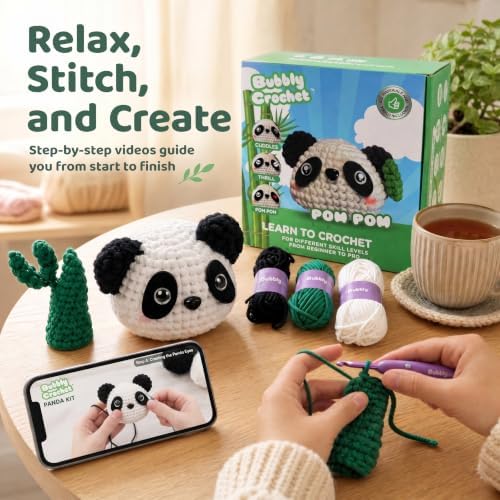 Bubbly Crochet Pom Pom the Panda Beginner Crochet Kit – DIY Plush with Custom Eyes & Bamboo Accent, Guided Tutorials & All-in-One Tools – Amigurumi Craft and Easy Arts - Image 2
