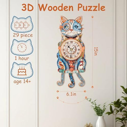 3D Puzzles for Adults Wooden Cat Clock Craft Kits with Pendulum - Image 2