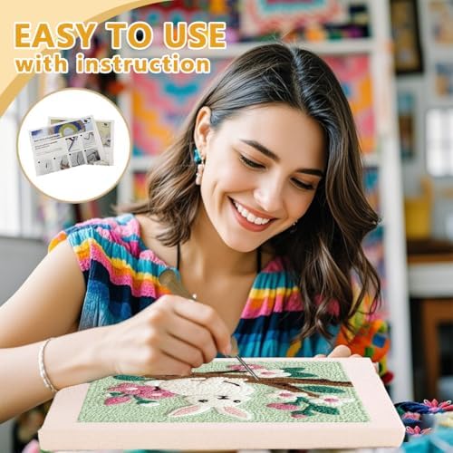 Doodlream Rabbit On Branch DIY Punch Needle Embroidery Kit for Adult Beginner, 9.4" Bunny Flower Punch Stitching Craft Set for Starter with Frame,Fabric Pattern,Threader, Yarn, Pinch Needle - Image 3