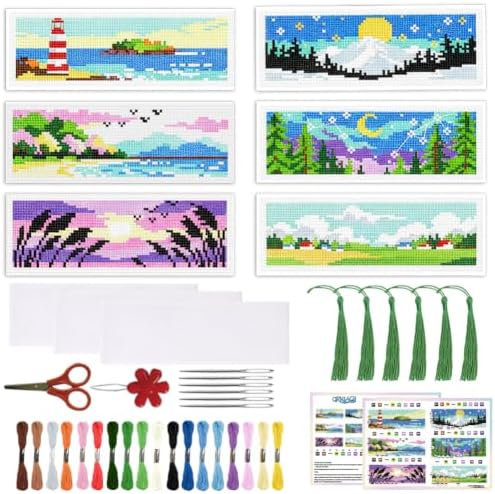 ACRNIGHEET 6PCS Cross Stitch Bookmark Kit for Beginner Stamped Cross Stitch Kits for Adults Horizontal DIY Tassel Embroidery Bookmark Kits Needlepoint Kit with Instructions Craft Gift 8.5''x3'' 11CT by ACRNIGHEET
