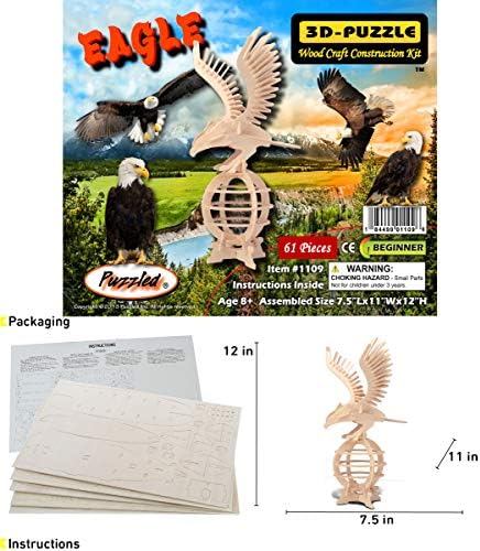 Puzzled 3D Puzzle Eagle Wood Craft Construction Model Kit, Fun, Unique & Educational DIY Wooden Toy Assemble Model Unfinished Crafting Hobby Puzzle to Build & Paint for Decoration 61 Pieces Pack - Image 2