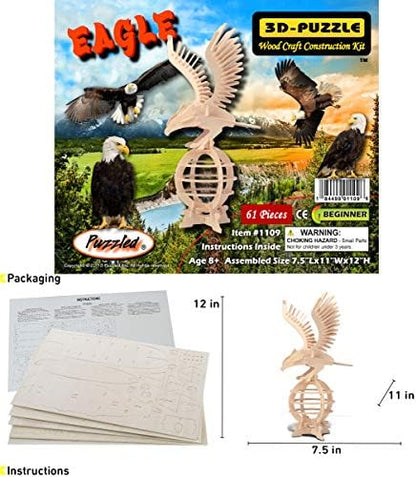 Puzzled 3D Puzzle Eagle Wood Craft Construction Model Kit, Fun, Unique & Educational DIY Wooden Toy Assemble Model Unfinished Crafting Hobby Puzzle to Build & Paint for Decoration 61 Pieces Pack - Image 2