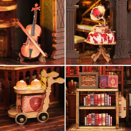 Plustopoy DIY Miniature House Kit - 3D Wooden Puzzle Bookshelf Decor with Furniture & LED Light, Dollhouse Kit Creative Craft Building Set for Adults, for Women Men - Image 2