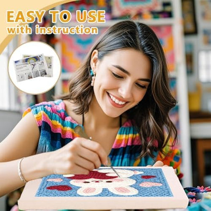 Doodlream Love Bunny Needle Kit for Beginner, 9.4"x 9.4" Cute Rabbit Punch Stitching Craft Set, DIY Embroidery Starter with Printed Frame, Instruction, Threader, Yarn, Pinch Needle - Image 3
