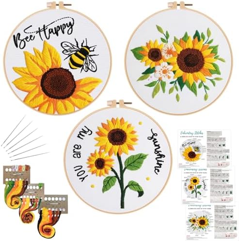 Louise Maelys 3 Set Summer Sunflower Embroidery Kit for Beginners Floral by LouiseMaelys