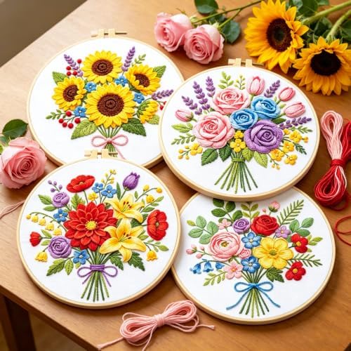BEUNITONE 4pcs Embroidery Kit, Flower Stamped Embroidery Kits with Hoop, Thread & Needles, Colorful Bouquet Cross Stitch Kits Sewing Gifts for Adults and Beginners, DIY Craft for Relaxation - Image 6