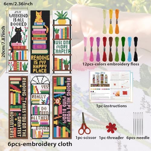 ACRNIGHEET 6PCS Counted Cross Stitch Bookmark Kits for Beginners Bookshelf - Image 2