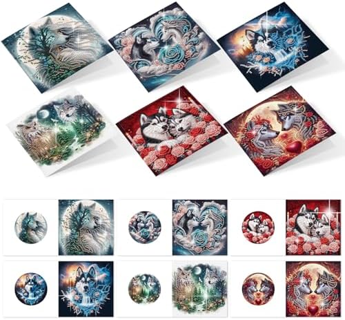 MVVMTOP 6pcs Diamond Painting Greeting Card with envelopes, DIY Wolf Diamond Art Greeting Card for Blessing and Wish Special Shaped Arts Crafts for Christmas Birthday Thanksgiving Day Holiday by MVVMTOP