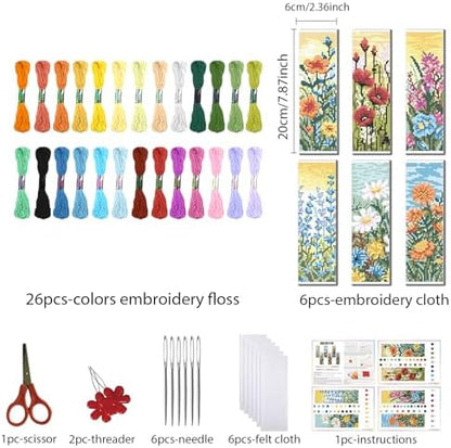 FREEBLOSS 6 Set 11CT Cross Stitch Bookmark Kit 8x2.4inch Wild Flowers - Image 2