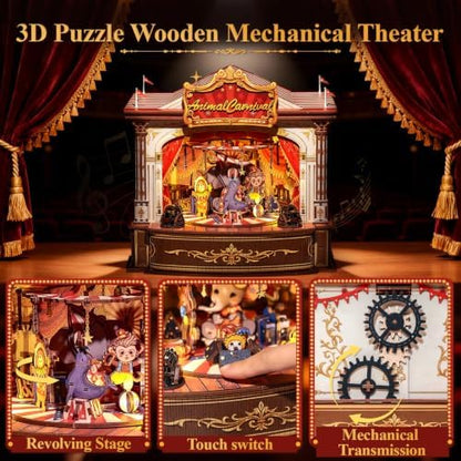 CUTEBEE 3D Wooden Puzzles Music Box - DIY Theater Model Kit with LED Light, 413 Pcs Rotating Miniature House Kit for Adults, Home Bookshelf Decor, Birthday Valentines Day Gifts (Animal Carnival) - Image 5