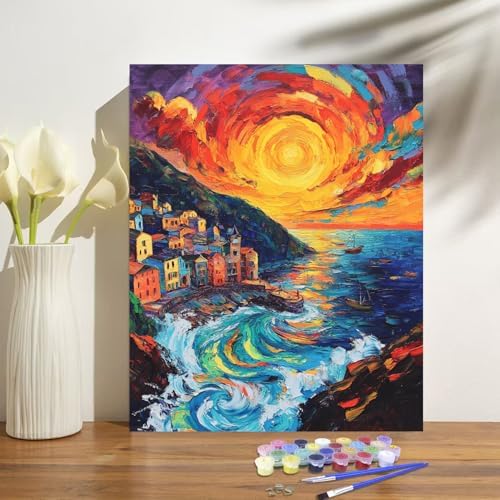 Sunset Paint by Numbers Kit for Adults Beginner Cinque Terre Italy Oil Painting Kit Adult Paint by Number Kits on Canvas DIY Painting for Beginners Art by Numbers for Gifts Home Wall Decor 16x20 Inch﻿ - Image 2