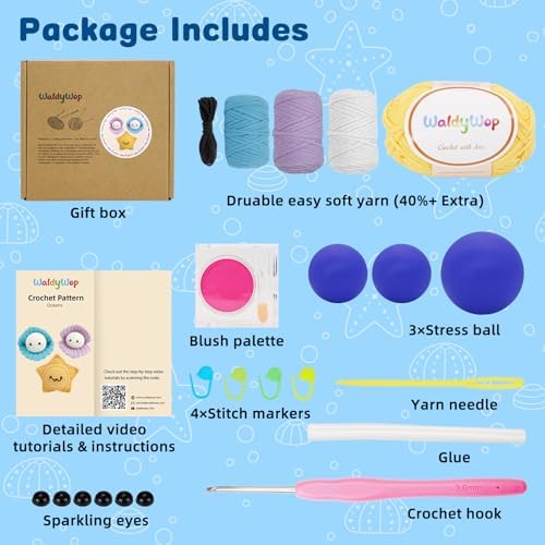 WaldyWop Crochet Kit for Beginners: 3Pcs Ocean Friends Wobbles Crochet Animal Kit for Starter Adults - Dly StressRelief Ball w/ 40% Extra Yarn, Easy Video & Instructions - Christmas Gift for Women - Image 2