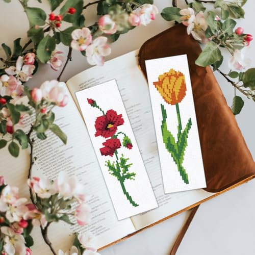 BEUNITONE 6 Pcs Flower Bookmark Cross Stitch Kits DIY Stamped Embroidery Bookmark Kit for Adults Beginner with Instructions Vivid Floral Cross Stitch Kits for DIY Crafts Book Lovers Gifts 2.4x8 in - Image 7