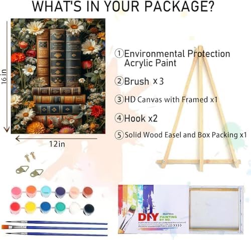 Clendo Book Paint by Numbers Kit for Adults Beginner, Flower Framed Adult's Paint by Number Kits with Easel, DIY Oil Painting Kits for Gift Home Wall Decor 12x16 Inch - Image 2