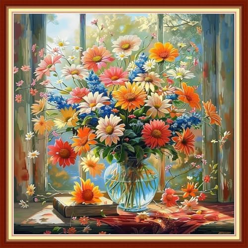 Joyhoor Cross Stitch Kits for Beginners Stamped Cross-Stitch Supplies Needlework preprint Embroidery Kits for Adults DIY Needlepoint Kit Embroidery Patterns 11CT-Flowers in Front of Window 18x18 inch by JoyhoorCrossStitchKits