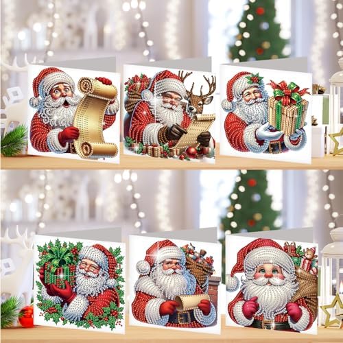 jinglinhh 6pcs Christmas Reindeer Santa Claus Diamond Art Painting Greeting Cards with Envelopes, DIY Card Making Kits for Adults, Diamond Art Postcards Christmas Cards Craft Gifts - Image 4