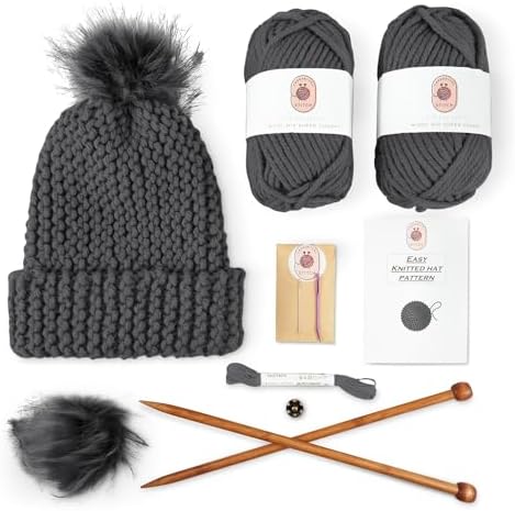 Knitting Kits for Beginners Adults – Practical and Easy to Use Hat Knitting Kit with Yarn, Bamboo Knitting Needles, Faux Pom Pom – Complete Beginners Knitting Kit – Lovely Present for Women and Men by ThoughtfulStitch